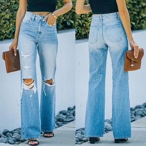 Women's Jeans 2023 Autumn Style Simple Temperament with Pockets Ripped Straight Washed Denim Trousers Women