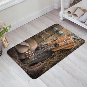 Carpets Western Cowboy Guitar Wood Floor Mat Kitchen Bedroom Decor Carpet Home Hallway Entrance Doormat Bathroom Door Anti-Slip Foot Rug