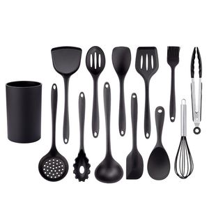Bitki baharat aletleri siyah silikon pişirme aletleri set yapışmaz tava pişirme mutfak eşyaları yuvalı turner spatula kaşık gıda maşaları mutfak kiti 230525