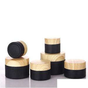 Packing Bottles Black Frosted Glass Jars Cosmetic Jar With Woodgrain Plastic Lids 5G 10G 15G 20G 30 50G Lip Balm Cream Containers Dr Dhid7