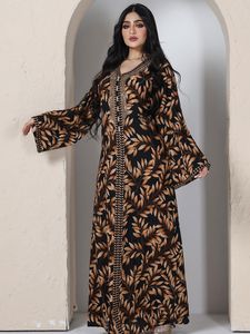 QNPQYX New Beaded Abaya Printed Long Dress for Women Arabic Party Kaftan Braided Trimming Saudi Gulf Dubai Jalabiya Muslim Evening Dresses