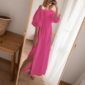 Casual Dresses Women's Cotton Linen Elastic Dress Sexig stropplös kortärmad sommarsida Slit Tunic Elegant Streetwear