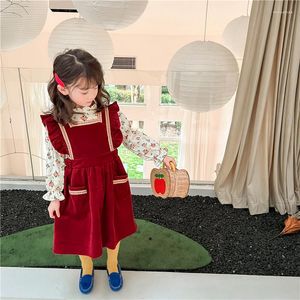 Clothing Sets 2023 Spring Girls Wine Overall Dress And Flower T-shirt Set 2 Pieces Fashion Boutique Outfit Casual Wear