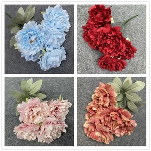 Decorative Flowers 5 Heads Artificial Peony Bouquet Vase For Home Decor Garden Wedding Fake Plants Christmas Garland Material