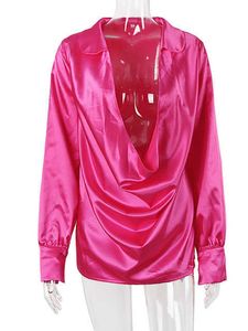 Summer Loose Casual Long Sleeve Tops Rave Outfit Nightclub Clothes Women Fashion 2022 Hot Pink Satin Blouse Shirts