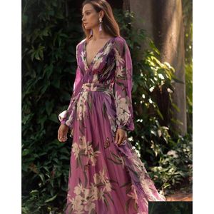 Vestidos casuais básicos Autumn mulheres moda bohemian Floral Impresso V pescoço de manga longa Dressão de chiffon de chiffon Ship Z4 Drop dhzjf