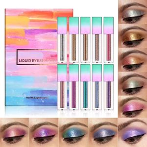 Hochpigmentiertes 10-Farben-Liquid-Glitzer-Lidschatten-Make-up-Set, langanhaltender metallischer Schimmer, flüssiger Lidschatten, glänzende, glitzernde Lidschatten-Kosmetik, DHL