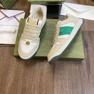 2023 Suede Dirty Calfskin Sneakers Luxurys Screeners Shoes Designers Män Kvinnränare med Box Dustbag Lace Up Stripes kausalsko