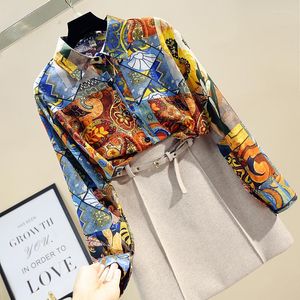 Blusas femininas baju kurung colar moderno colarinho coreano estilo retro ocidental impressão abstrata camisa de manga longa