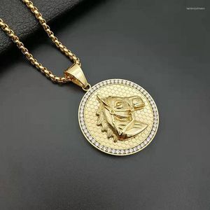 Hänge halsband hiphop bling isad ut solid rainles stål hästhuvud runda hängsmycken för män rappar smycken guld färg droppe