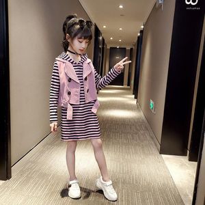 Clothing Sets Kid Girls Clothes Casual Set Spring Vest Striped Hooded Sweatshirt Dress 2pcs Fashion Streetwear Costumes For Teen 4-14Yrs