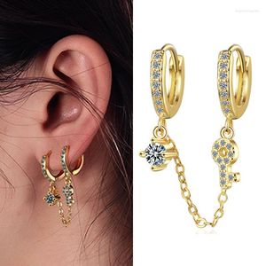 Hoop Earrings Trendy Double Piercing Earring Hoops With Chain Crystal White/Golden Thin Ear Stud Jewelry For Lady Girls