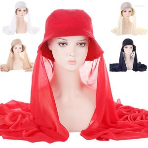 Chapéus de aba larga Muslim Sun Protection chiffon hijab chapé chapéu de cor sólida mulher clássica clássica pronta para usar fisherman baps verão capwide