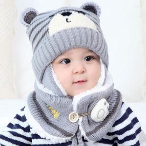 Hats Unisex Kids Cartoon Bear Stripe And Scarf Baby Cap Set Girl Boy Child Winter Earmuffs Hat Warm Suit