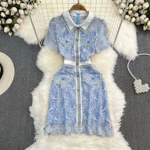 High end light luxury retro style short sleeved lapel with waistband slim and medium length A-line tassel lace dress