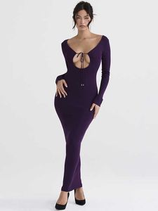 2023 Spring Female High Quality Stretchy Double Layered Jersey Long Sleeve Dress Vacay Backless Evening Maxi Dress