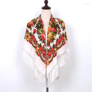 Scarves 2023 Women Large Size Russian National Square Scarf Flower Pattern Print Headscarf Wraps Ladies Retro Fringed Blanket Shawl