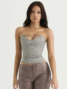 Fashioning Out Street Wear Silt for Women Tube Tops Elegant Club Party Outfits Lace Up Y2K Grey Cropped Tops