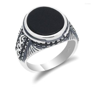 Cluster Rings Onyx Men S925 Sterling Silver Natural Black Flat Stone Ring con CZ Lucky For Man Women Gioielli vintage fatti a mano turchi