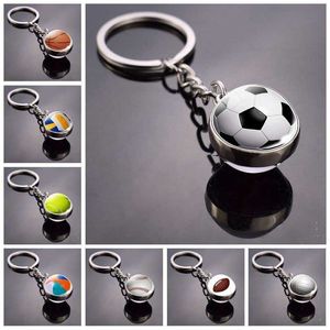Keychains Men's Football Keychain Double sided Glass Ball Keyring Volleyball Basketball Tennis Pendant Sports enthusiast Souvenirs G230526