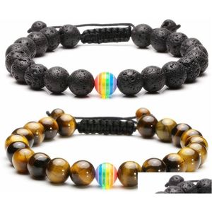 Beaded Rainbow Pride Couple Bracelet Strands Jewelry White Howlite Black Lava Rock Beads Oil Diffuser Braided Bracelets For Men Wome Dhyma