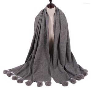 Halsdukar vinter kashmir ull pashmina halsduk ljuddämpare kvinna höst sjal med riktig päls pompom tassel