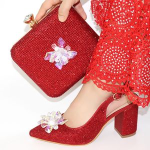 Elbise ayakkabıları harika kırmızı kadın pompalar büyük kristal dekorasyon ile el çantası Afrika ve çanta seti v56882-1 topuk 9cm