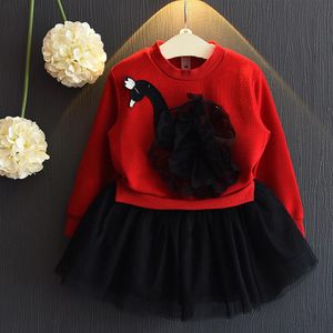 Children Clothing Baby Girls Dress Long sleeves Dress Baby Tutu Kids Stitching Dress Lace Cartoon Swan274o