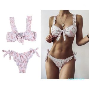 Women039s blommor tryckt bikini kostym sexig baddräkt tie knut främre tryck strand slitage vadderad badkläder set