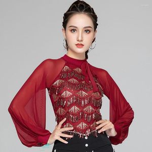 Stage Wear Autumn Women Latin Dance Bodysuit Winter Mesh Long Sleeve Tops For Ballroom Waltz Tango Dancing Performance Costume AS5103