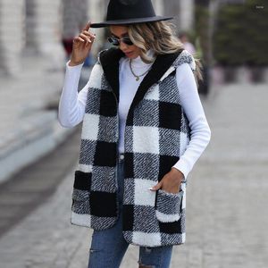 Kvinnors västar sammet Europa och Amerika Casual Women's Long Hooded ärmlös Plaid Double-Sided Loose Coat Gilet de Costume Femme