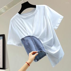 Women's T Shirts Denim Stitching Pleated Round Neck Short Sleeve T-shirt Women 2023 Summer Korean Style Irregular Top Fashion Girls White