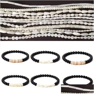 Beaded Strand White Natural Mother Of Pearl Shell Bracelet Black 6Mm Bead Elasticity Boho Male Female Various Exquisite Jewelry Gift Dhofn