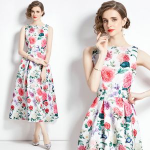 Boutiuqe Kvinnor Floral Dress 2023 Summer Printed Dress High-End Temperament Lady Sleeveless Dress Party Runway Dresses