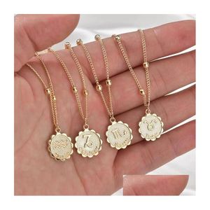 Pendant Necklaces 12 Constellation Necklace Classic 18K Gold Zodiac Sign Round Beads Chain Jewelry 6 Styles Drop Delivery Pendants Dhvkw