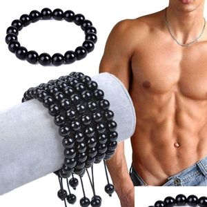 Beaded Strand Handmade Natural Black Obsidian Bracelet Lymph Drainage Lose Weight Blackstone Healing Stone Ball Beads Fitness Jewelr Dhjwu