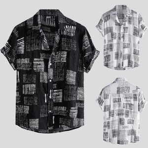 Camisas casuais masculinas Men linen Button Short Sleeve Turn-Down Print Print Cotton Mens Pullover Tunic Blouse 3xl