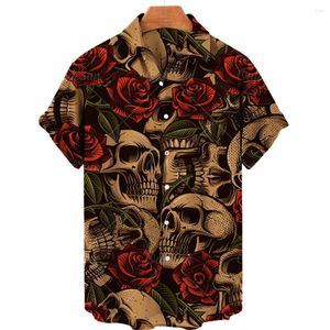 Men's Casual Shirts Hawaii Beach Vacation Card Skull Thin Vintage Print Hong Kong Style Polo Collar Shirt