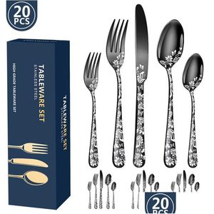 Dinnerware Sets Flatware Cutlery Set 20Pcs Sierware Flowered Printed Stainless Steel Tableware Knife/Fork/Spoon Utensil Kits Drop De Dhwkc