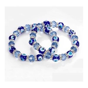 Pulseras elásticas de hebras de cristal de ojo malvado azul con cuentas, pulsera de cuentas de ojos de la suerte hecha a mano, regalos de joyería, envío directo Dhkeh