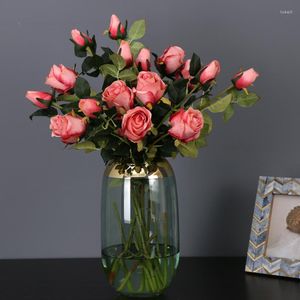 Decorative Flowers Wholesale Manufacturer Multi-headed Rose Artificial Flower Single Branch 2 Bulgarian Fake Vintage European