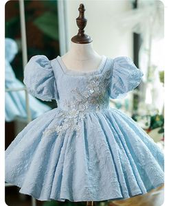 Kız elbiseler kabarık prenses tutu elbise gökyüzü mavi dantel saten kızlar genç güzellik pageant doğum günü parti balo elbisesi