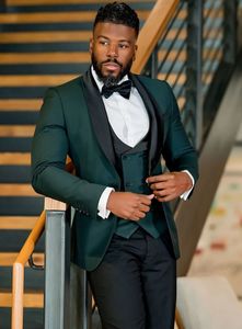 Elegant Dark Green Men's 3-Piece Suit with Black Lapel - Wedding Tuxedo, Business Dinner & Prom Attire Including Jacket, Pants, Tie & Vest