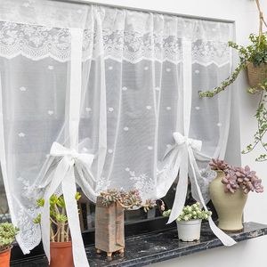 Cortina de cortina de renda branca cortinas romanas para sala de estar, princesa, amarrar tule tulle curta janela de janela da cozinha banheiro