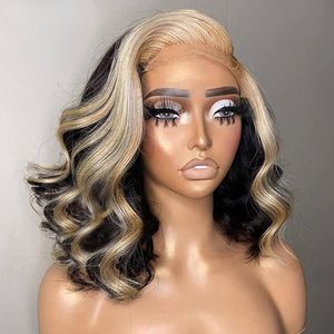 180Density Peruvian Short Blonde Lace Front Human Hair Bob Wig Body Wave Highlight Colored Synthetic Lace Frontal Wigs For Women