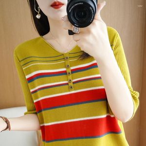 T-shirt da donna BELIARST T-shirt in puro cotone Pullover con scollo a V da donna Casual a righe larghe in maglia Top Summer Ladies Canotta oversize Tees