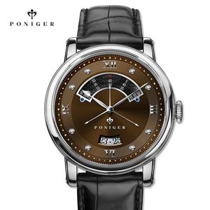 Armbanduhren Schweiz PONIGER Herrenuhr Japan NH35A Automatische mechanische MOVT Uhren Männer Doppelzifferblatt Saphiruhr P719-