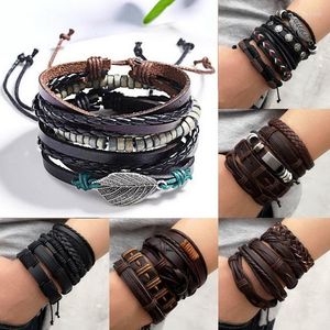 Bracelets de charme 5pc/set moda vintage pulseira de couro folhas de penas e presente de homens