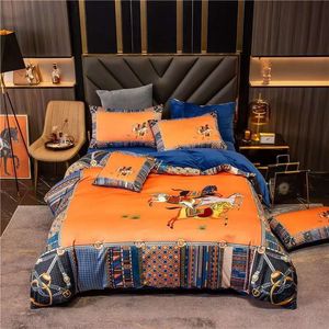 Luxury orange designer bedding sets silk Gold horse printed queen size duvet cover bed sheet fashion pillowcases comforter set
