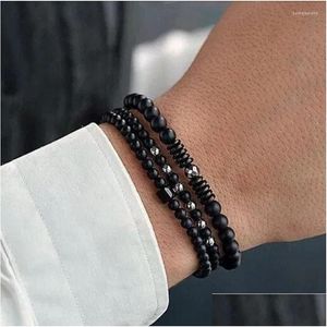 Perlenstrang 3 Teile/satz Mode Herren Armband 4/6mm Natürlicher Mattstein Schwarz/Gold/Silber Farbe Hämatit Braclet Homme Handmade Drop De Dhjay